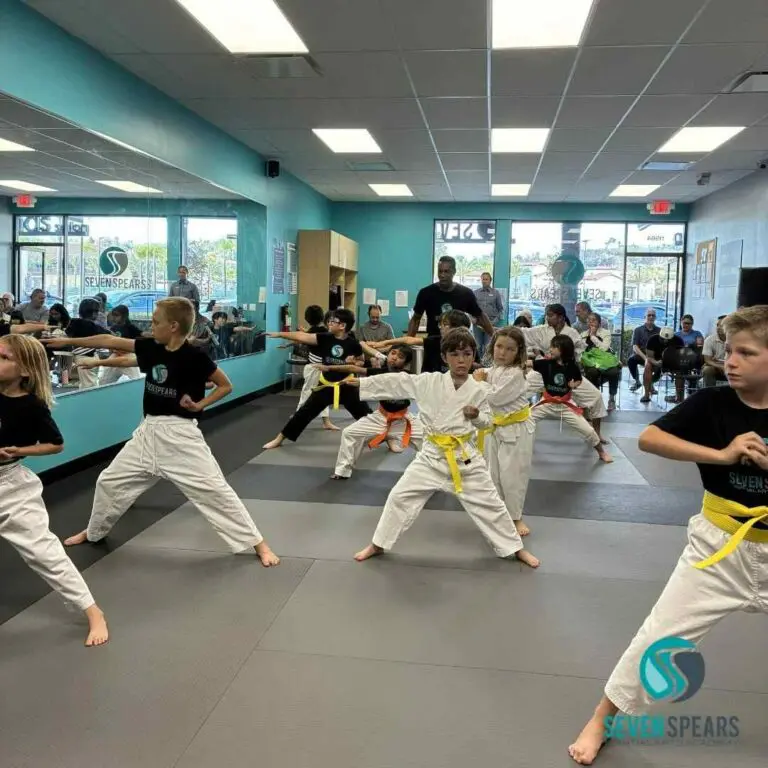Group of youth students holding low front stances during an indoor session martial arts classes etiquette for beginners